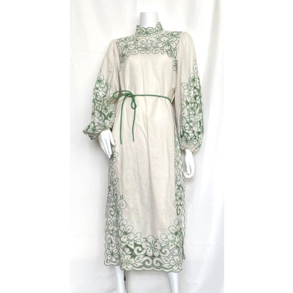 Zimmermann Teddy Midi Linen Cotton Dress Sz 3 10 $1100 Green Cream Embroidery